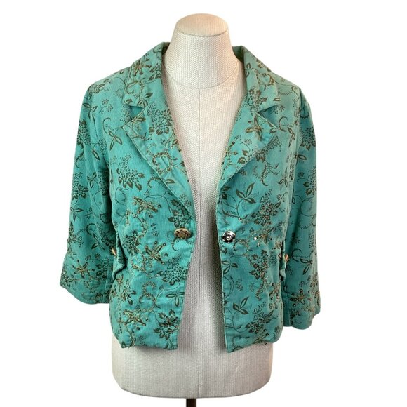 Yoana Baraschi Womens 10 Embroidered Floral Corduroy Jacket Turquoise - Picture 8 of 13